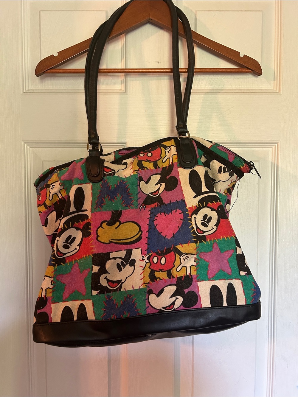 Vintage Canvas Mickey Mouse Patchwork Tote Bag in Multi-Color